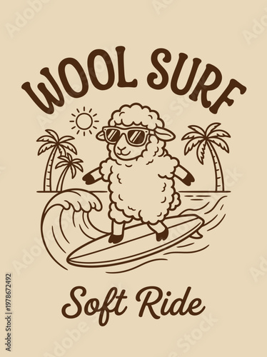 Sheep wearing sunglasses on surfboard.