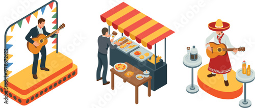 Isometric illustration of Mexican street food stall and musicians for cultural festival design