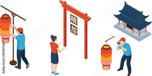 Isometric illustration of traditional Asian cultural scene with lanterns and temple