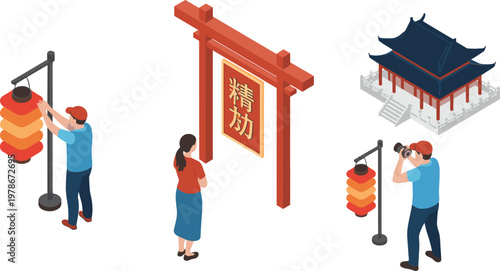 Isometric illustration of traditional Chinese cultural scene with lanterns and ceremonial gate