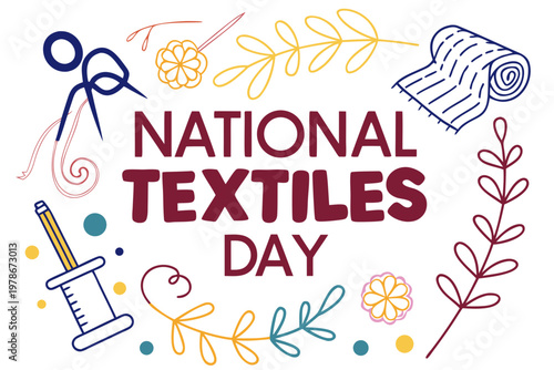 Fabric and Sewing Tools Vector Illustration for National Textiles Day Holiday