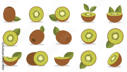 Large collection of kiwi fruit illustrations featuring whole pieces halves and slices with green leaves on a white background.
