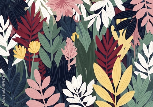 A colorful floral pattern with leaves and flowers