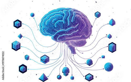 Vector Illustration of Artificial Intelligence Concept Featuring Human Brain with Circuitry Pattern Connected to Digital Data Cubes and Tech Elements,