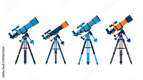 Set of four different astronomical telescope illustrations mounted on tripods in blue and orange color schemes.