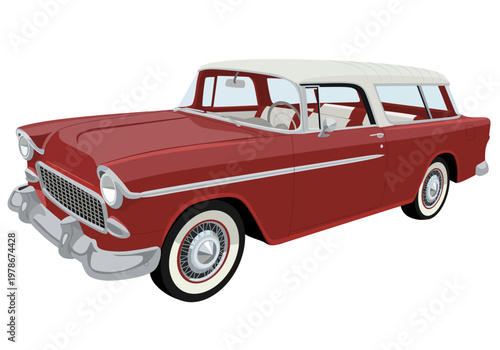 Classic 1950s Two-Door Station Wagon Illustration in Red and White, Vintage American Retro Car Vector