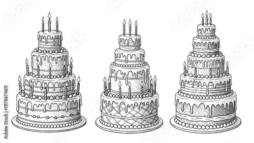 Set of three tall multi tiered celebration cakes with dripping frosting and many lit candles in a detailed sketch style.