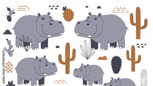 Playful seamless pattern featuring cute grey hippos among various cacti and abstract geometric shapes in a desert theme.