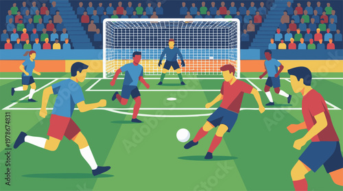 Dynamic illustration of a soccer match with players and spectators in stadium