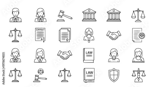 Legal line art icon set minimal outline lawyer justice court contract icons vector isolated on white background
