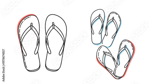 Set of three pairs of flip flop sandals in a simple line drawing style with red and blue accent colors for summer.