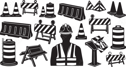 Construction site safety equipment and roadwork warning signs collection