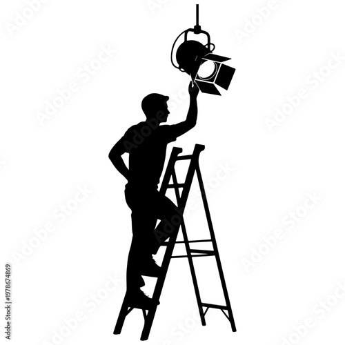 Photographer standing on ladder adjusting studio light, creative work vector illustration isolated on white background. professional photography setup concept in minimal black design