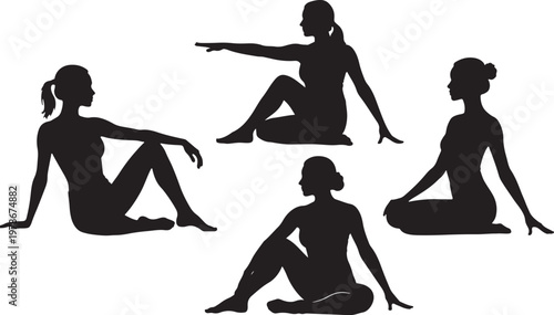 Four silhouettes of women demonstrating various seated yoga or meditation poses
