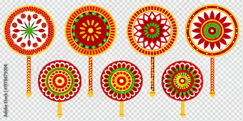 Colorful traditional indian fans with intricate floral and geometric patterns