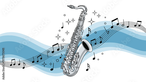 Silver saxophone instrument surrounded by flowing musical notes and sparkling stars signifies jazz performance and creative art.
