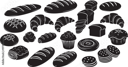 Assorted bakery items in black and white illustration style