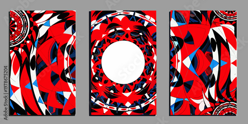 Abstract triptych featuring bold geometric shapes and a central white oval