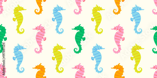Colorful seahorse animal seamless pattern. Summer background design. Vacation travel concept. Sea horse flat cartoon backdrop illustration.