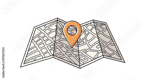 Illustration of a folded paper map with a large orange location pin marking a specific spot for travel and navigation concepts.