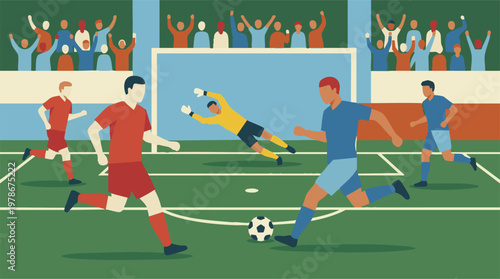 Dynamic football match scene with players, goalkeeper save, and fans