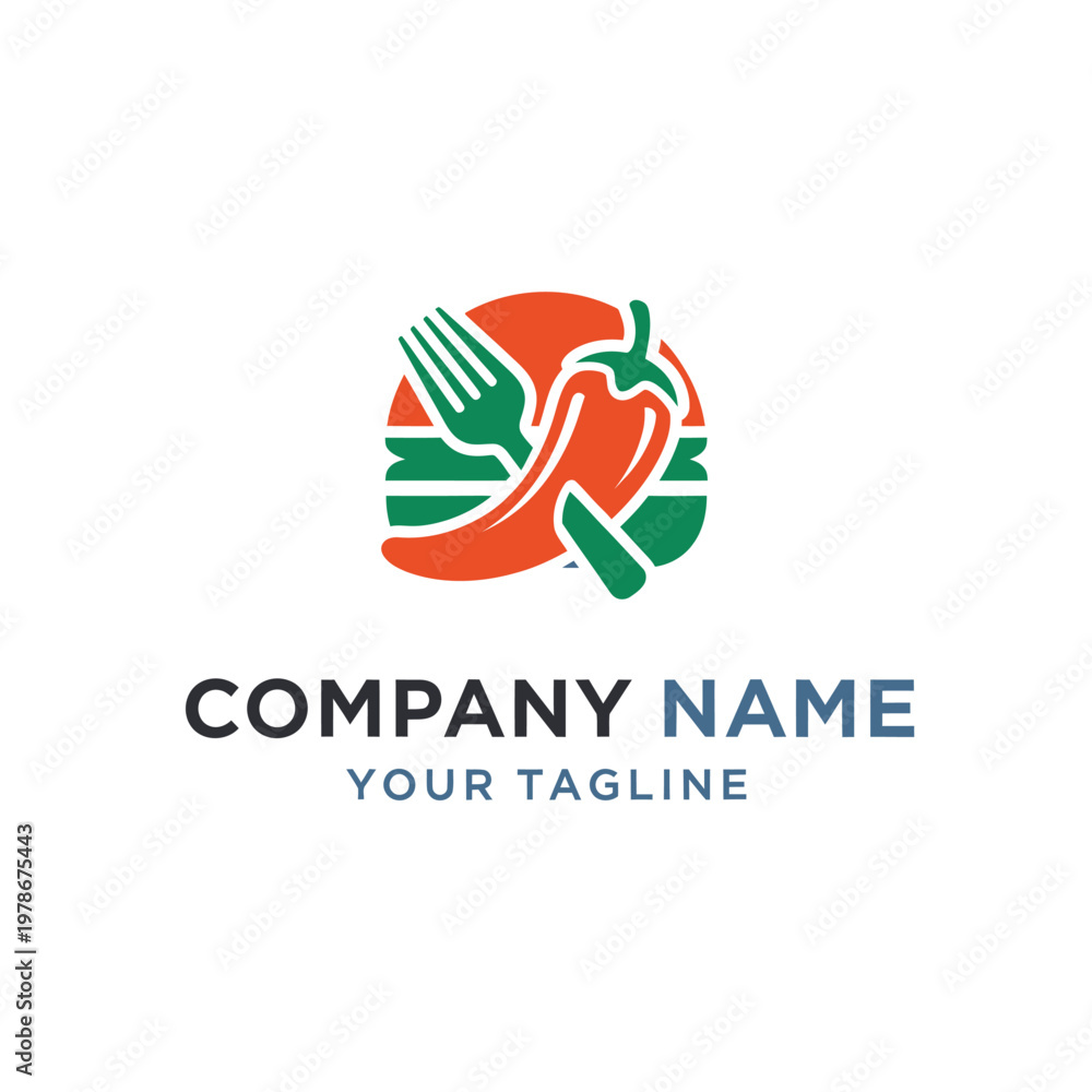 Fototapeta premium Spicy Burger Logo with Fork and Chili Pepper Icon.