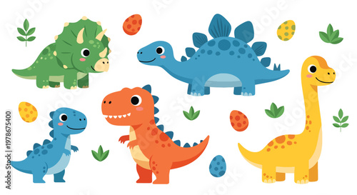 Flat style vector illustration of cute cartoon dinosaurs set featuring colorful t rex, triceratops and brachiosaurus with playful expressions, perfect for kids design and nursery themes