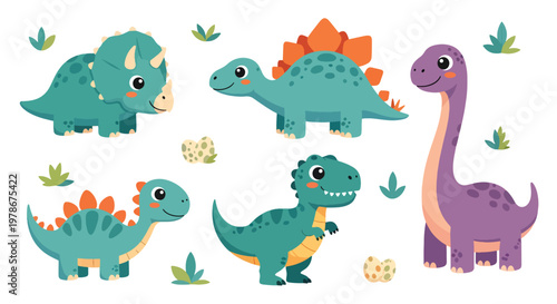 Flat style vector illustration of cute cartoon dinosaurs set featuring colorful t rex, triceratops and brachiosaurus with playful expressions, perfect for kids design and nursery themes