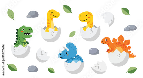 Flat style vector illustration of baby dinosaurs hatching from eggs with adorable expressions and pastel colors, ideal for nursery decor, children products and playful design themes
