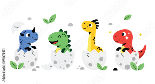 Flat style vector illustration of baby dinosaurs hatching from eggs with adorable expressions and pastel colors, ideal for nursery decor, children products and playful design themes