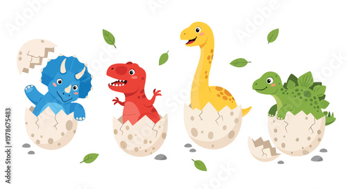 Flat style vector illustration of baby dinosaurs hatching from eggs with adorable expressions and pastel colors, ideal for nursery decor, children products and playful design themes