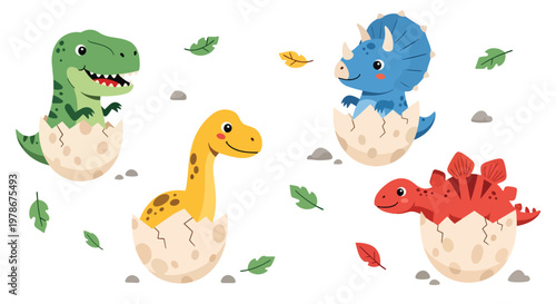 Flat style vector illustration of baby dinosaurs hatching from eggs with adorable expressions and pastel colors, ideal for nursery decor, children products and playful design themes