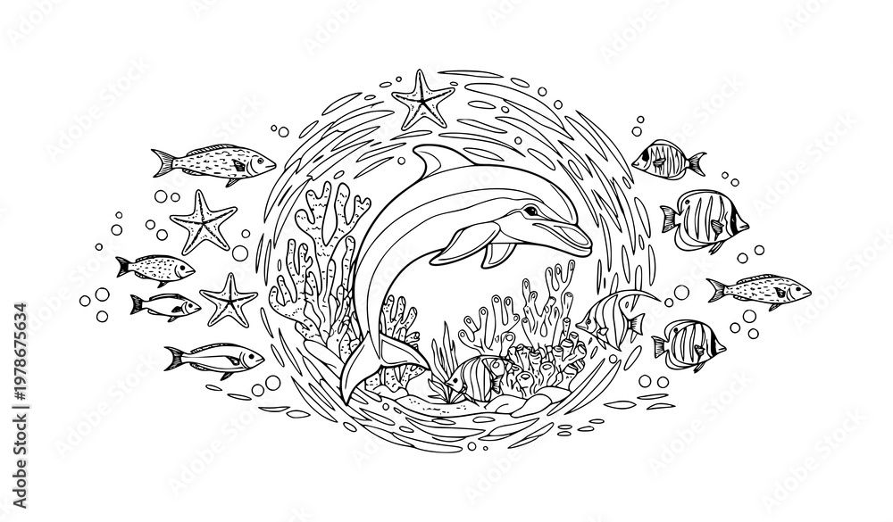 Fototapeta premium Vintage Hand-Drawn Underwater Marine Life Illustration Vector Art