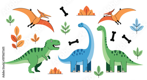 Flat style vector illustration of colorful dinosaur characters including t rex, stegosaurus and pterodactyl in playful poses, perfect for kids branding, education and creative design use