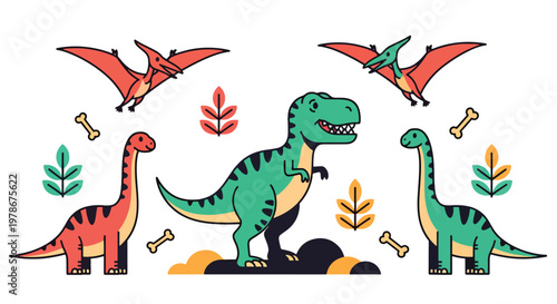 Flat style vector illustration of colorful dinosaur characters including t rex, stegosaurus and pterodactyl in playful poses, perfect for kids branding, education and creative design use