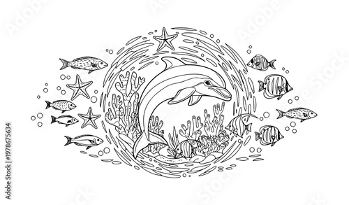 Vintage Hand-Drawn Underwater Marine Life Illustration Vector Art