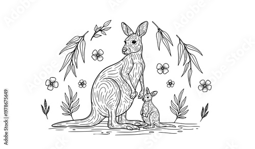Cute Cartoon Wallaby Family Vector Illustration for Nature Education