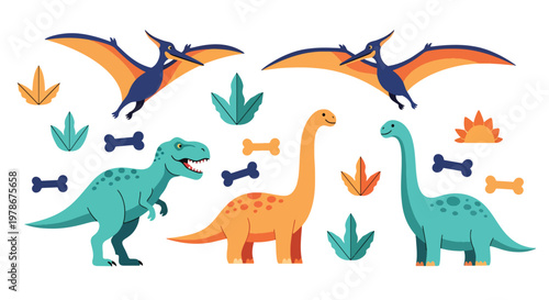 Flat style vector illustration of colorful dinosaur characters including t rex, stegosaurus and pterodactyl in playful poses, perfect for kids branding, education and creative design use