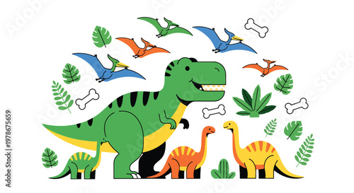 Flat style vector illustration of colorful dinosaur characters including t rex, stegosaurus and pterodactyl in playful poses, perfect for kids branding, education and creative design use