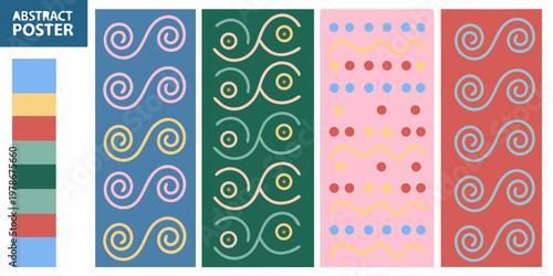 Abstract poster featuring colorful patterned vertical stripes and swirling designs