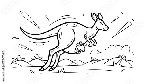 Cute Cartoon Kangaroo Sketch Jumping Over Hills for Kids Education