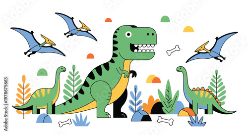 Flat style vector illustration of colorful dinosaur characters including t rex, stegosaurus and pterodactyl in playful poses, perfect for kids branding, education and creative design use
