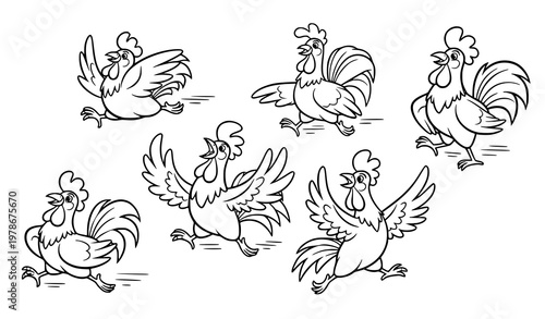 Vintage-Style Cartoon Chickens Vector Illustration Set