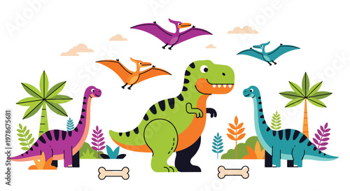 Flat style vector illustration of colorful dinosaur characters including t rex, stegosaurus and pterodactyl in playful poses, perfect for kids branding, education and creative design use