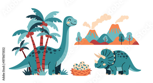 Flat style vector illustration of cute dinosaurs in prehistoric scene with volcano, plants and eggs, designed in playful cartoon style, ideal for kids education and storytelling visuals
