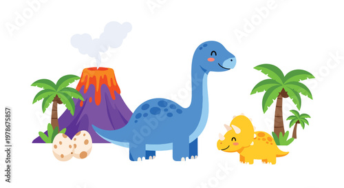 Flat style vector illustration of cute dinosaurs in prehistoric scene with volcano, plants and eggs, designed in playful cartoon style, ideal for kids education and storytelling visuals