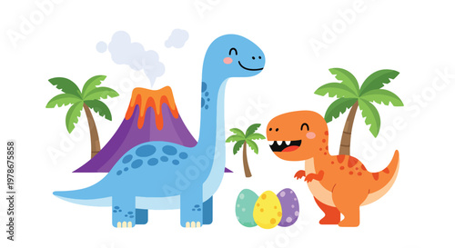Flat style vector illustration of cute dinosaurs in prehistoric scene with volcano, plants and eggs, designed in playful cartoon style, ideal for kids education and storytelling visuals