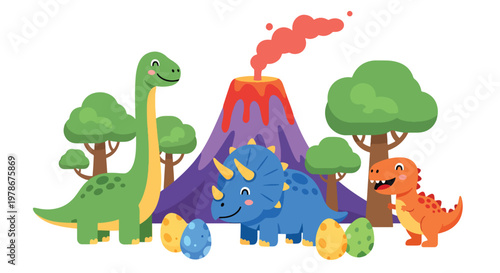 Flat style vector illustration of cute dinosaurs in prehistoric scene with volcano, plants and eggs, designed in playful cartoon style, ideal for kids education and storytelling visuals
