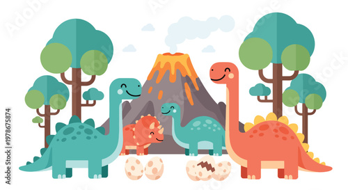 Flat style vector illustration of cute dinosaurs in prehistoric scene with volcano, plants and eggs, designed in playful cartoon style, ideal for kids education and storytelling visuals