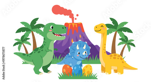 Flat style vector illustration of cute dinosaurs in prehistoric scene with volcano, plants and eggs, designed in playful cartoon style, ideal for kids education and storytelling visuals